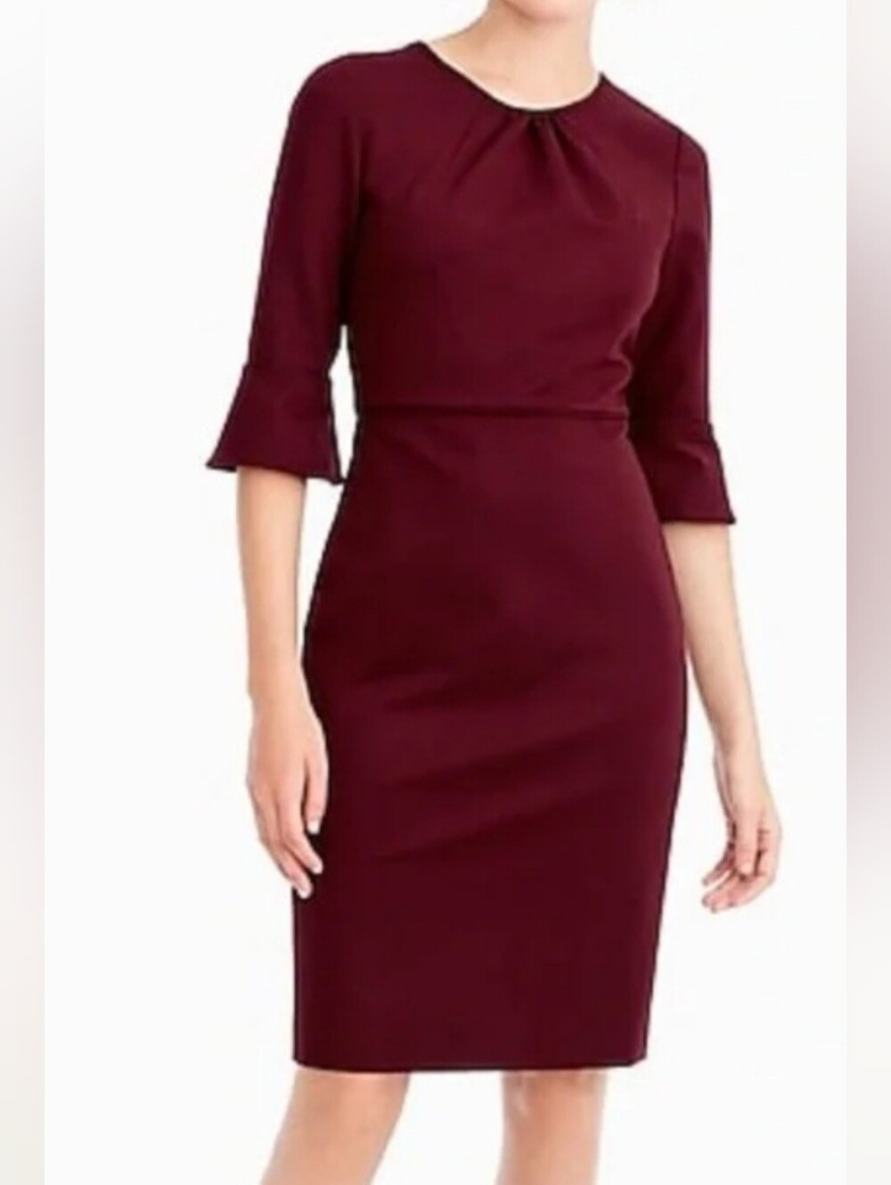 J.Crew Midi Sheath Dress Women Burgundy Sz 4 Careerwear 3/4 Bell Sleeve Cocktail